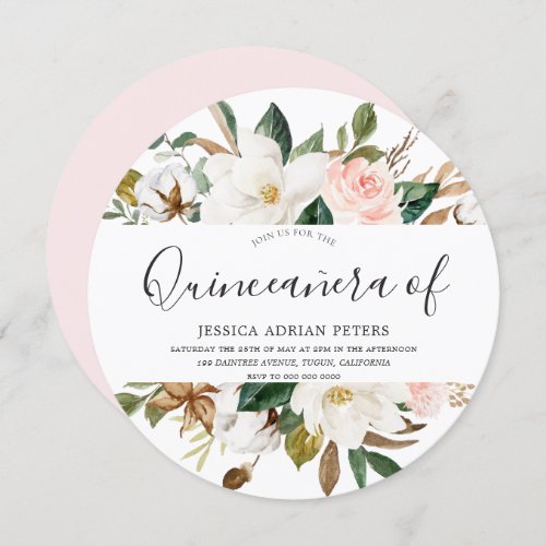 Blush  White Beautiful Flowers Quinceanera Invitation