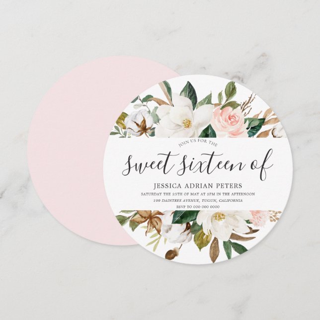 Blush & White Beautiful Flowers Sweet 16 Invitation (Front/Back)