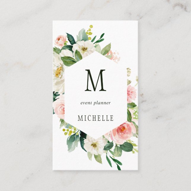 Blush White Bloom Floral Monogram Business Card (Front)