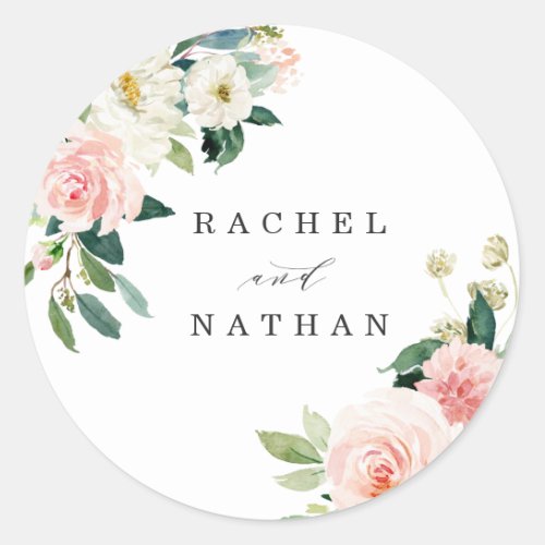 Blush White Bloom Floral Personalized Classic Round Sticker