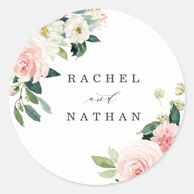 Blush White Bloom Floral Personalized Classic Round Sticker (Front)