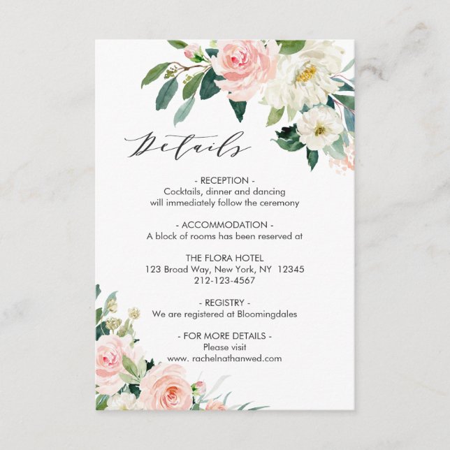 Blush White Bloom Floral Wedding Details Enclosure Card (Front)