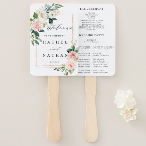 Blush White Bloom Floral Wedding Program Hand Fan