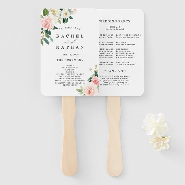 Blush White Bloom Floral Wedding Program Hand Fan (Front and Back)