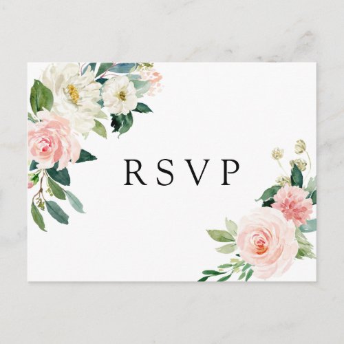Blush White Bloom Floral Wedding RSVP Invitation Postcard