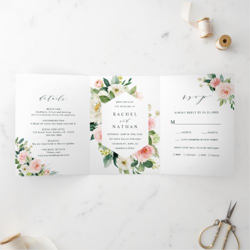 Blush White Bloom Floral Wedding Tri_Fold Invitation