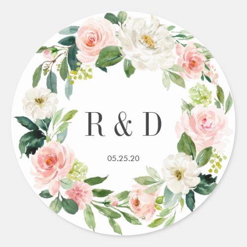 Blush White Bloom Floral Wreath Monogram Classic Round Sticker