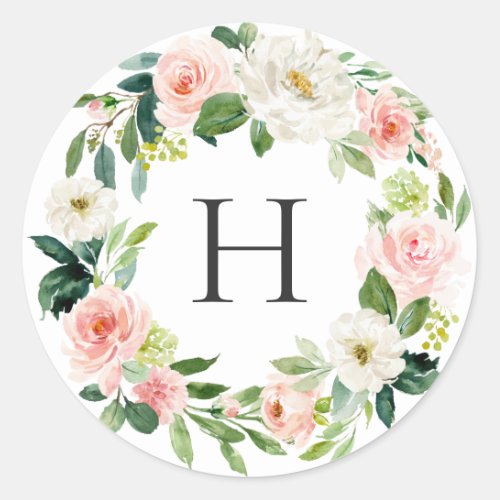 Blush White Bloom Floral Wreath Monogram Classic Round Sticker