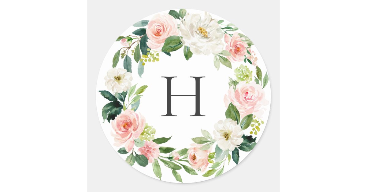 Blush White Bloom Floral Wreath Monogram Classic Round Sticker