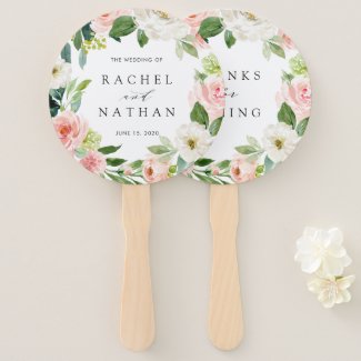 Wedding Hand Fan with Blush White Bloom Floral Wreath 