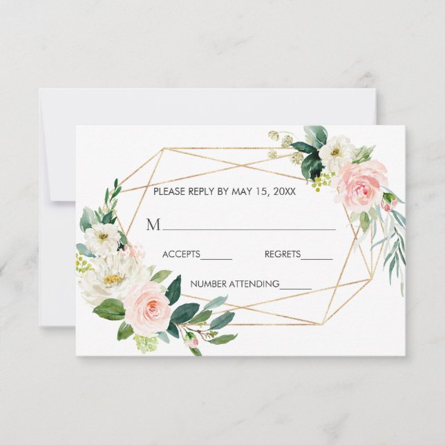 Blush White Bloom Gold Frame Floral Wedding RSVP (Front)