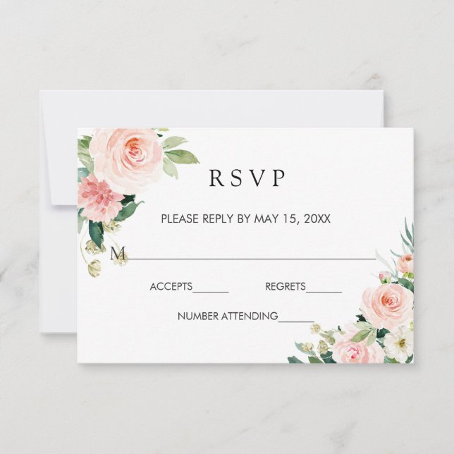 Blush White Bloom Gold Frame Floral Wedding RSVP (Front)