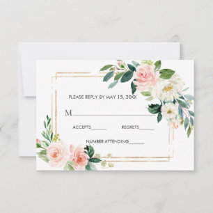 Blush White Bloom Gold Frame Floral Wedding RSVP Card