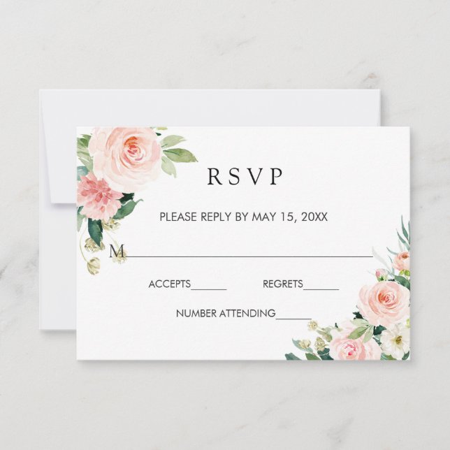 Blush White Bloom Gold Frame Floral Wedding RSVP Card (Front)