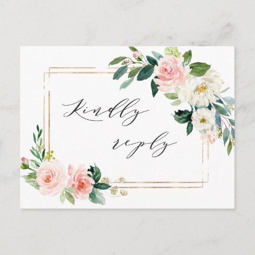 Blush White Bloom Gold Frame Floral Wedding RSVP Invitation Postcard