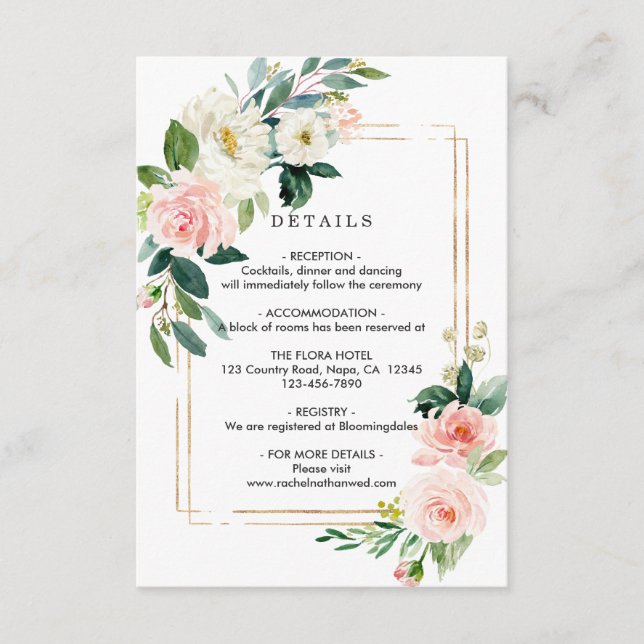 Blush White Bloom Gold Frame Wedding Details Enclosure Card (Front)
