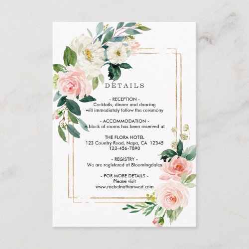 Blush White Bloom Gold Frame Wedding Details Enclosure Card