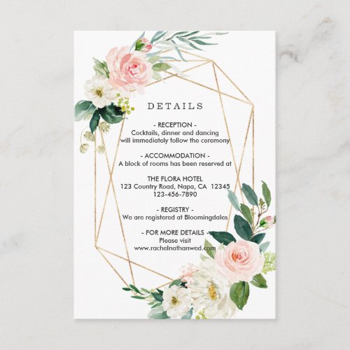 Blush White Bloom Gold Frame Wedding Details Enclosure Card