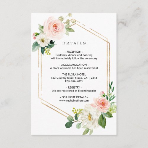 Blush White Bloom Gold Frame Wedding Details Enclosure Card