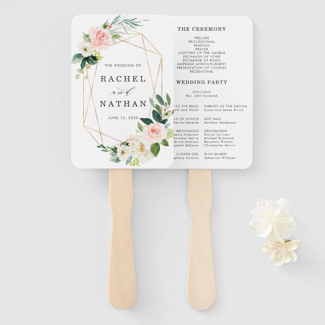 Blush White Bloom Gold Frame Wedding Program Hand Fan (Front and Back)