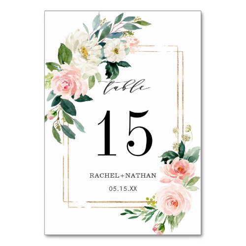 Blush White Bloom Gold Frame Wedding Table Number