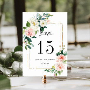 Blush White Bloom Gold Frame Wedding Table Number