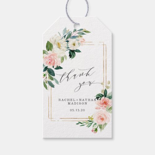 Blush White Bloom Gold Frame Wedding Thank You Gift Tags