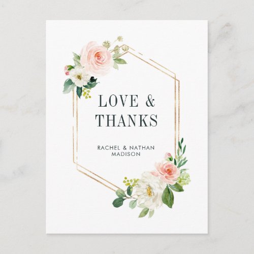 Blush White Bloom Gold Frame Wedding Thank You Postcard