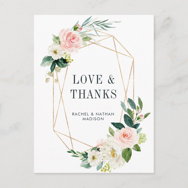 Blush White Bloom Gold Frame Wedding Thank You Postcard (Front)