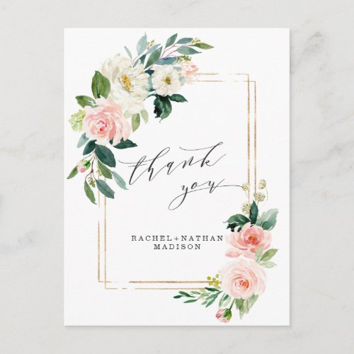 Blush White Bloom Gold Frame Wedding Thank You Postcard