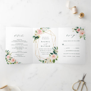 Blush White Bloom Gold Geometric Frame Wedding  Tri-Fold Invitation