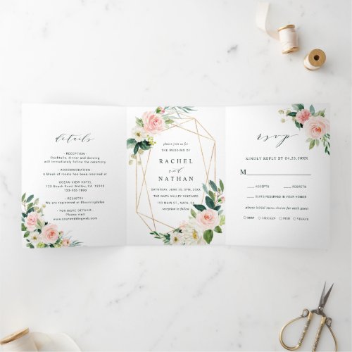 Blush White Bloom Gold Geometric Frame Wedding  Tri_Fold Invitation