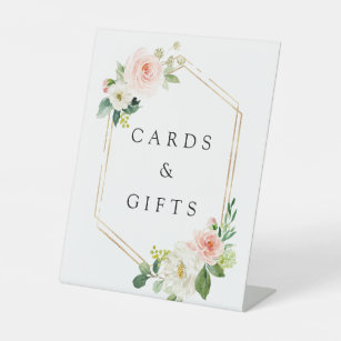 Blush White Bloom Gold Hexagon Frame Cards & Gifts Pedestal Sign