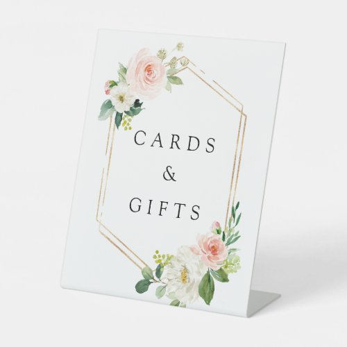 Blush White Bloom Gold Hexagon Frame Cards  Gifts Pedestal Sign