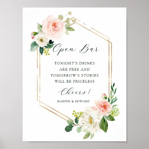 Blush White Bloom Gold Hexagon Frame Open Bar  Poster