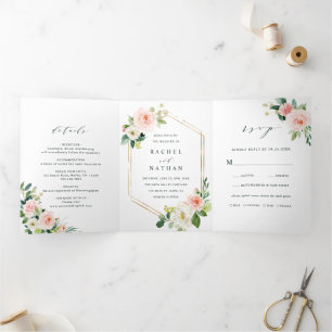 Blush White Bloom Gold Hexagon Frame Wedding Tri-Fold Invitation