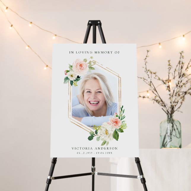 Blush White Bloom Gold Hexagon Funeral Welcome  Foam Board (In Situ (Stand))