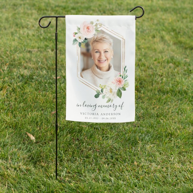 Blush White Bloom Gold Hexagon Grave Stone Garden Flag (In SItu)