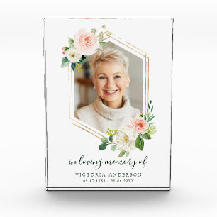 Blush White Bloom Gold Hexagon Memorial Photo Block