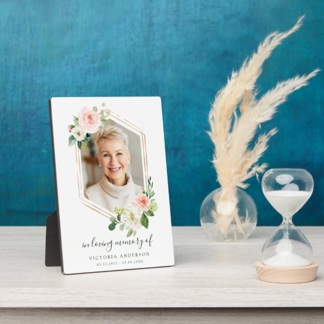 Blush White Bloom Gold Hexagon Memorial Photo Plaque (Side)