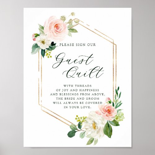 Blush White Bloom Gold Hexagon Wedding Guest Quilt Poster