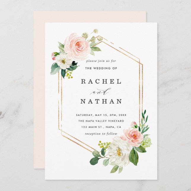 Blush White Bloom Gold Hexagon Wedding Invitation (Front/Back)