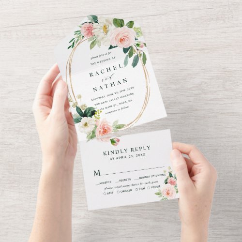 Blush White Bloom Gold Oval Frame Wedding  All In One Invitation