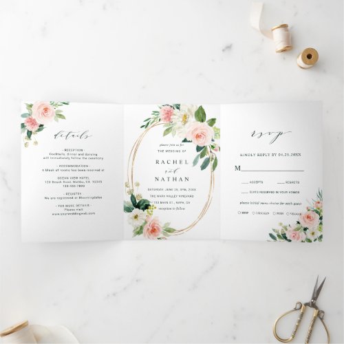 Blush White Bloom Gold Oval Frame Wedding Tri_Fold Invitation