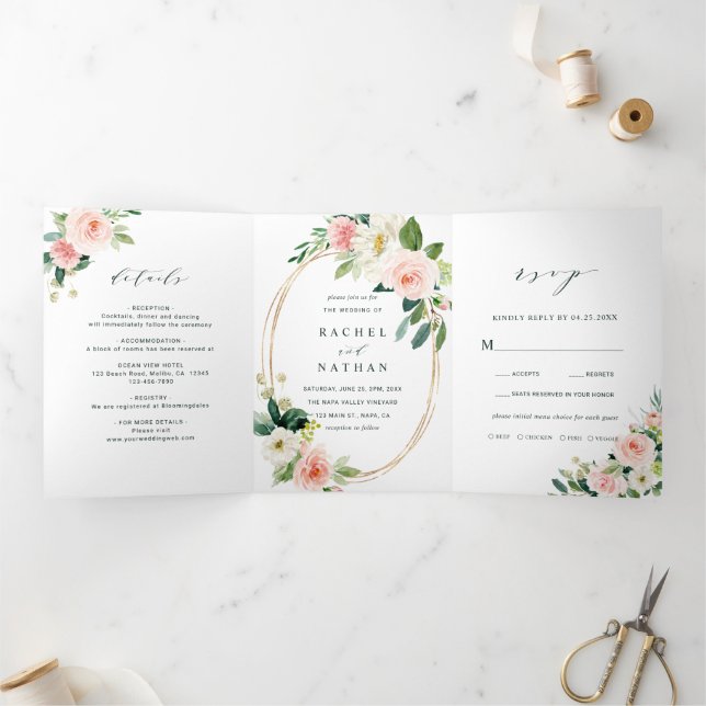 Blush White Bloom Gold Oval Frame Wedding Tri-Fold Invitation (Inside)