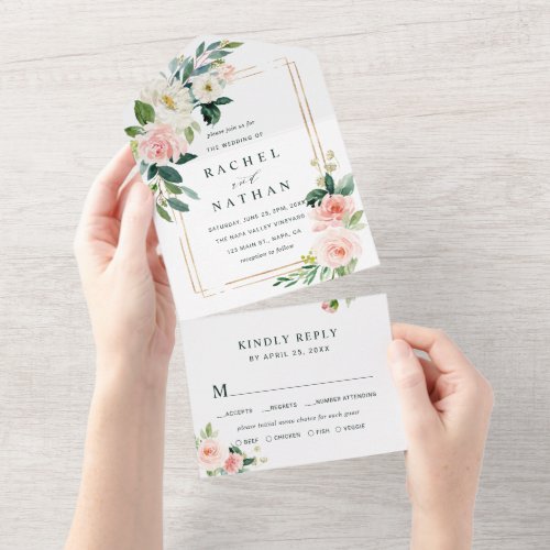Blush White Bloom Gold Rectangle Frame Wedding All In One Invitation
