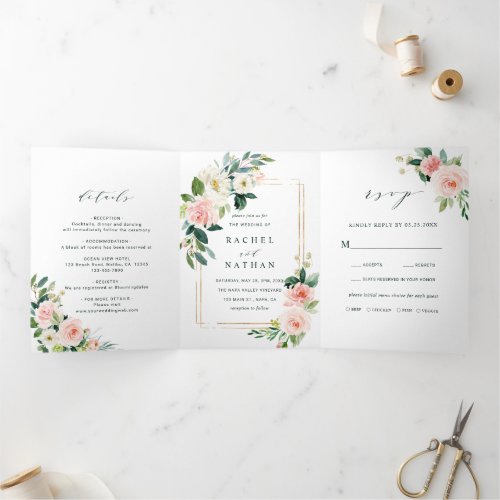 Blush White Bloom Gold Rectangle Frame Wedding Tri_Fold Invitation