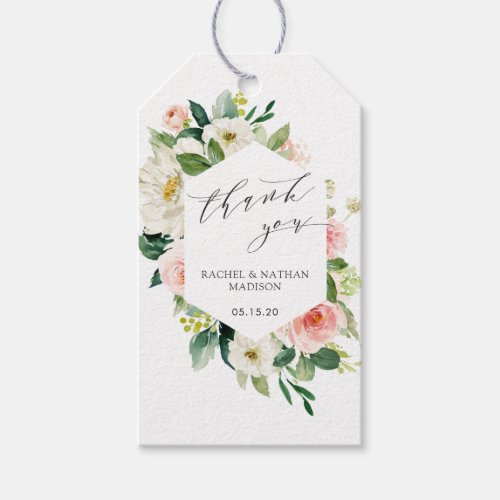 Blush White Bloom Hexagon Frame Wedding Thank You Gift Tags