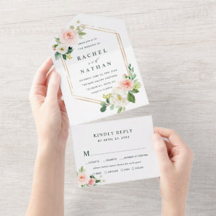 Blush White Bloom Hexagon Gold Frame Wedding All In One Invitation