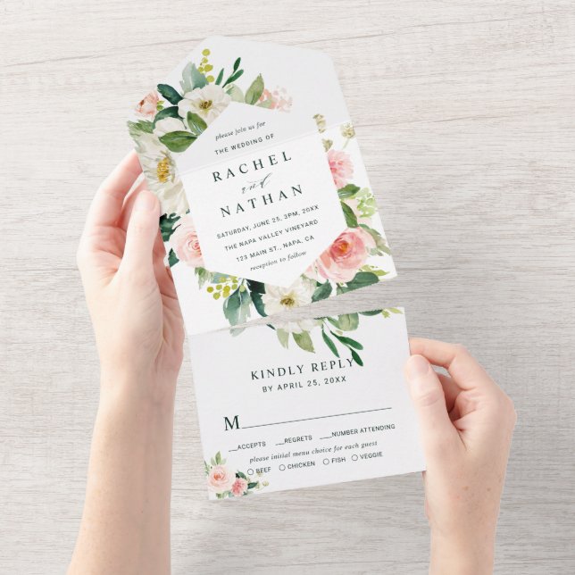 Blush White Bloom Hexagon Wedding All In One Invitation (Tearaway)